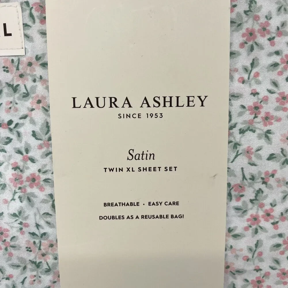 Laura Ashley Satin Sheet Set XL Twin Pink‎ Green Floral Tierney cottage country